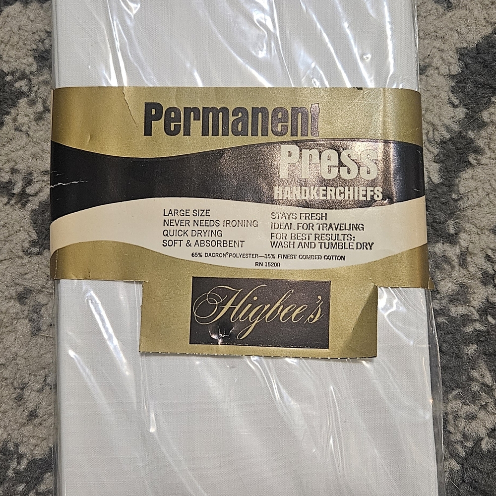 Vintage Higbees Permanent Press Handkerchiefs White Large Cotton Blend RN‎ 15200